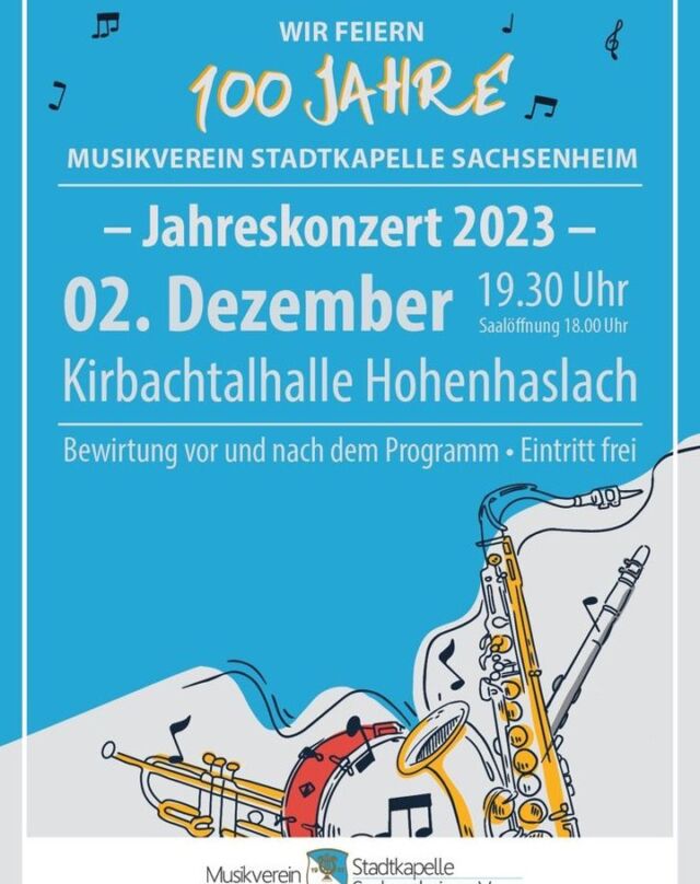 Der Winter naht und damit auch das 51. Jahreskonzert am Samstag, 02.12.2023. Dazu möchten wir euch in diesem Jahr ab 18.00 Uhr recht herzlich in die Kirbachtalhalle Hohenhaslach einladen.

#mvs #100jahre #blasmusik #jahreskonzert2023