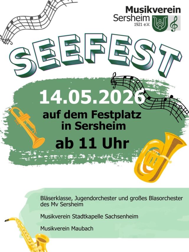 Nach dem Fest ist vor dem Fest 🎊🍻
Herzliche Einladung zu unserem Seefest am 14. Mai ab 11 Uhr auf dem Festplatz in Sersheim. Euch erwarten nicht nur viele gute Getränke und Speisen, sondern auch jede Menge Musik: von 11:30-13:30 Uhr spielt der mvmaubach, ab 13:45 Uhr wird die Jugend mit Bläserklasse und BläserKIDS des Mv Sersheim zu hören sein. Anschließend besucht uns die mvs_sachsenheim von 16:00-18:00 Uhr. Den krönenden Abschluss macht das große Blasorchester des Mv Sersheim ab 18:30 Uhr. 

Kommt vorbei, wir freuen uns auf euch ! 🍷🎺🎶🍗🍻

#musikverein #festle #kommtvorbei #sommer #dorfleben