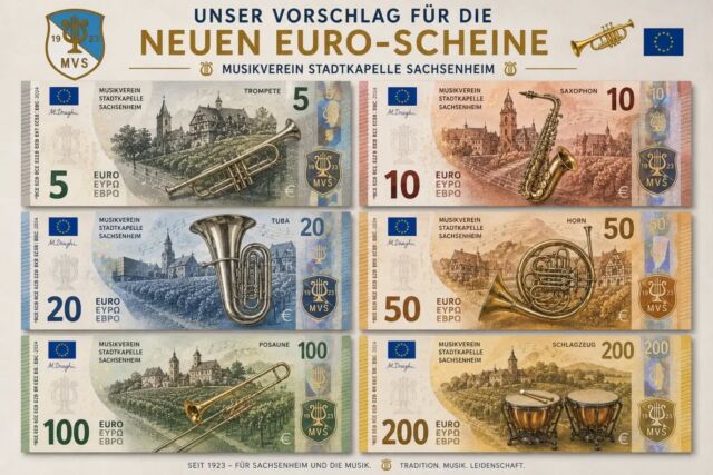 💶🎶 Unser Vorschlag für die neuen Euro-Scheine!
Wenn schon neue Banknoten, dann bitte mit den wirklich wertvollen Motiven. 😉
Vom 5er bis zum 200er – jedes Instrument hat seinen Platz. Welcher Schein gefällt euch am besten? 🎺🎷🎼
Natürlich nur ein kreativer Entwurf. 😄
#Musikverein #StadtkapelleSachsenheim #Sachsenheim #Blasmusik #Euro Musikverbindet Vereinsleben Tradition MVS